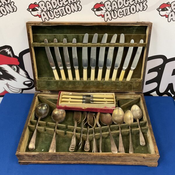 Vintage Gregory Bros silver plate cutlery set with bone handles in a case.