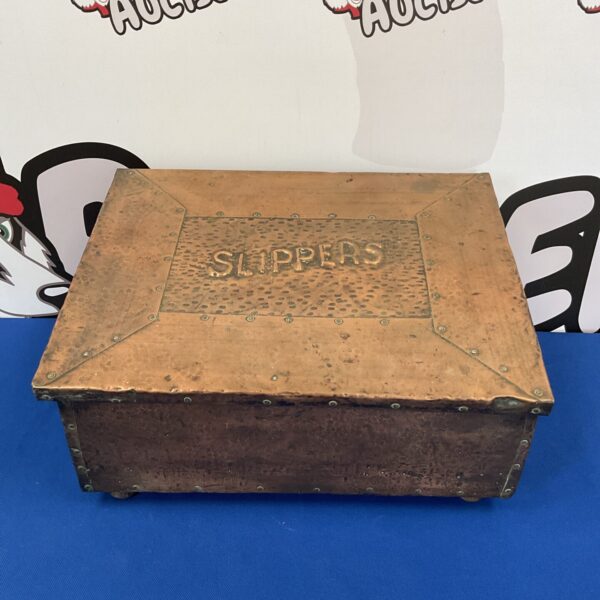 Antique vintage copper slipper box with hinged lid.