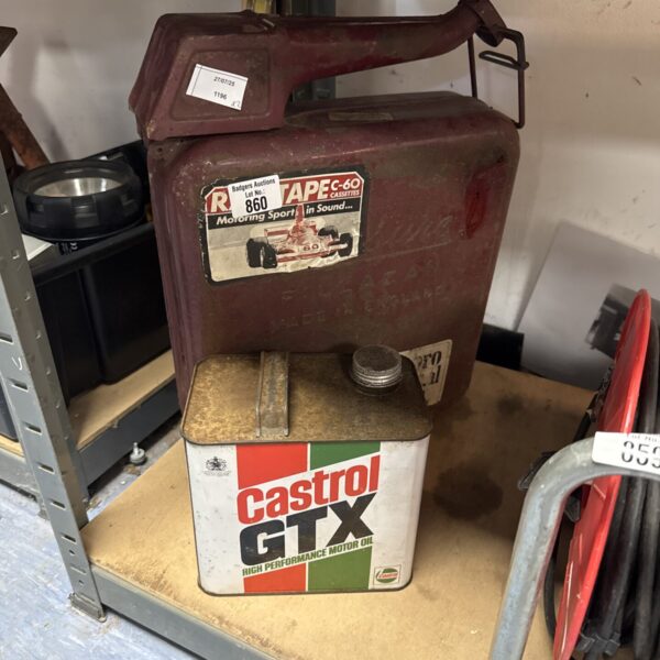 Vintage Castrol GTX fuel can, showing signs of age.