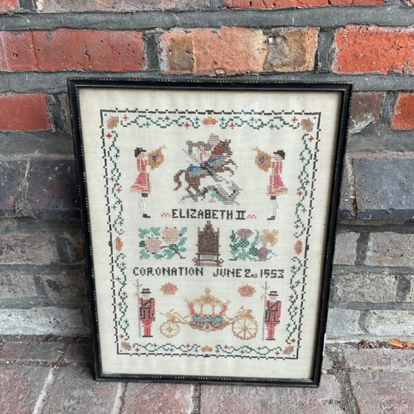 Vintage 1953 Elizabeth II coronation sampler embroidery.