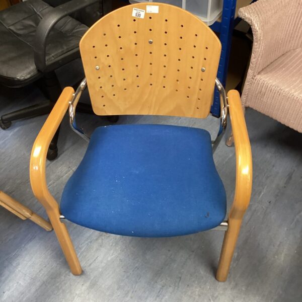 Blue office chair with wooden frame and swivel base.
