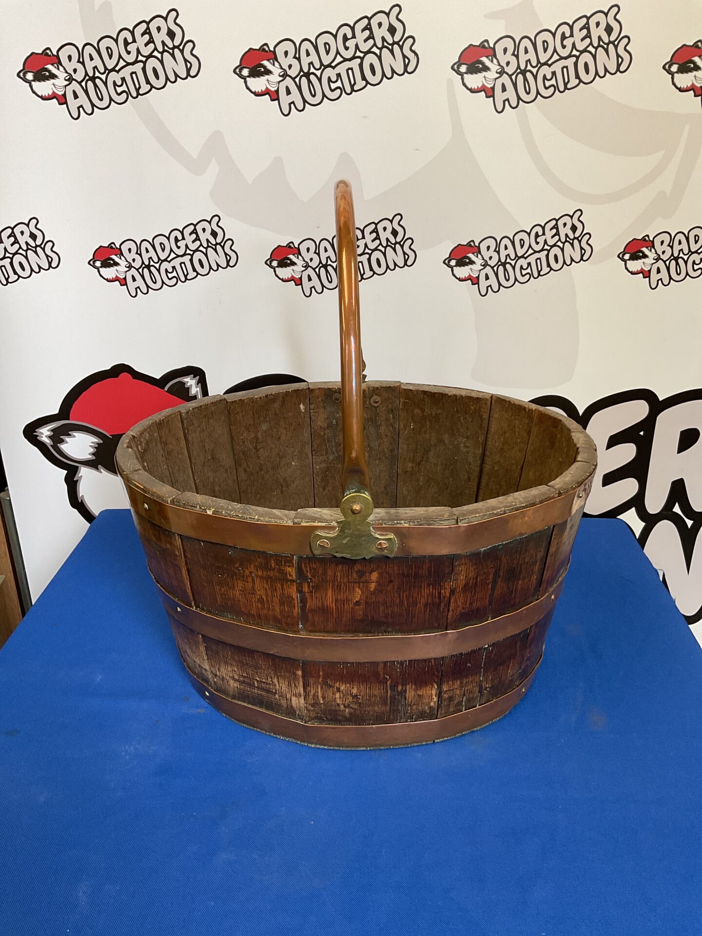 054 Vintage copper banded barrel bucket