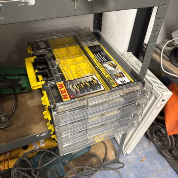 Stanley stackable organiser system for tool and parts storage.