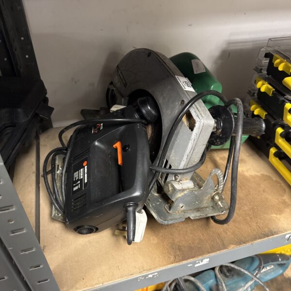 Vintage Hitachi circular saw, a classic power tool for woodworking.