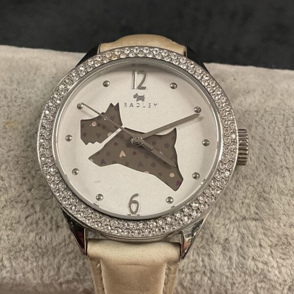 Stylish Radley ladies wristwatch with patterned dial and leather strap.