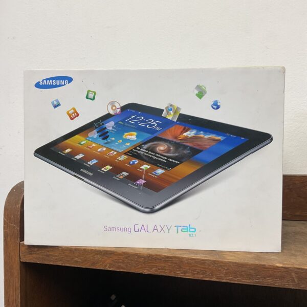 Front view of a Samsung Galaxy Tab 10.1 tablet with the screen on.