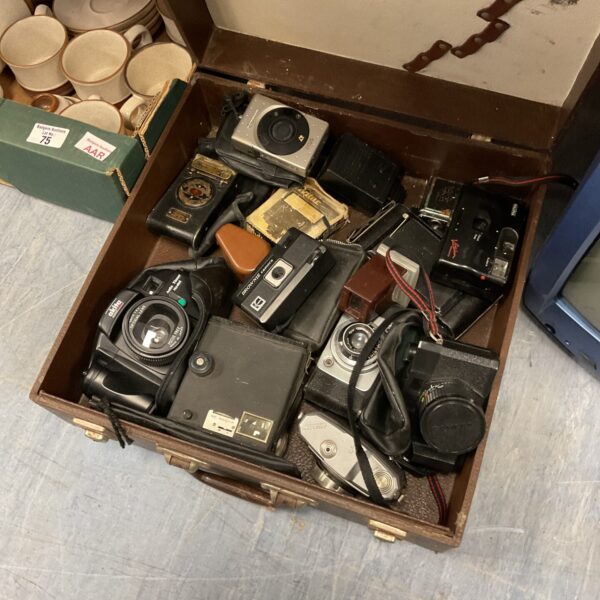 Vintage camera lot featuring Kodak and Canon film cameras.