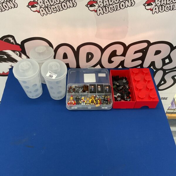 Lot of colourful Lego storage boxes for building blocks.