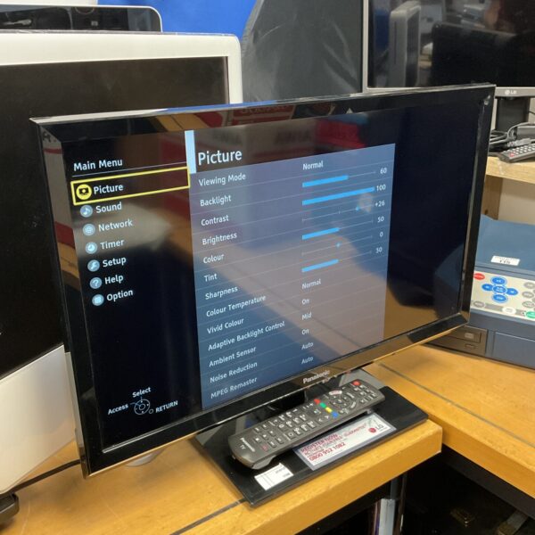 Panasonic 24 inch LED TV displaying the menu screen.