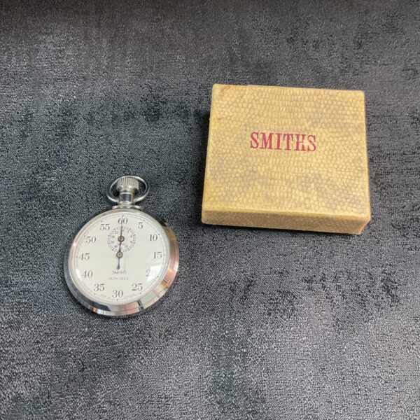 Vintage Smiths stopwatch in original box, front view.