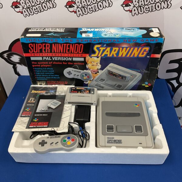 Boxed Super Nintendo Starwing console, PAL region, retro gaming collectible.