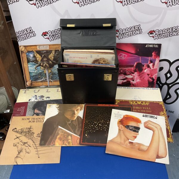 Vinyl record collection featuring Jethro Tull and Eurythmics albums.