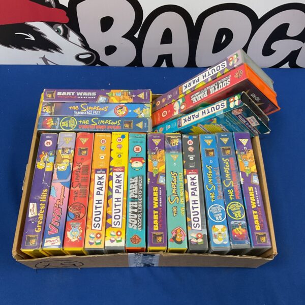 Vintage South Park and Simpsons VHS tape collection for collectors.