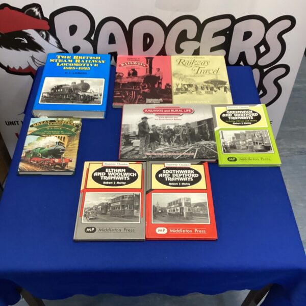 Vintage collection of railway books and train history.