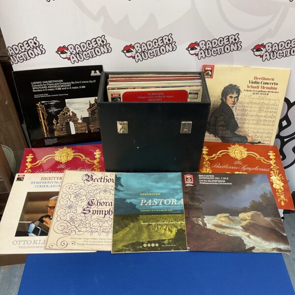 Lot of vintage classical vinyl records by Beethoven and Mozart.