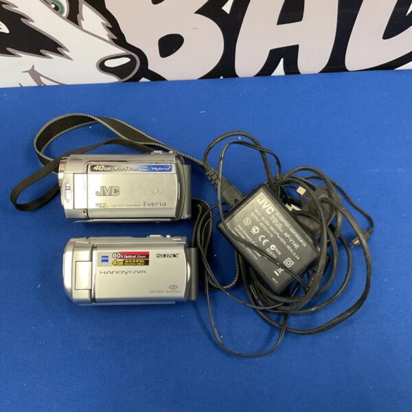 JVC Everio and Sony DCR-SX30 camcorders, vintage digital video cameras.
