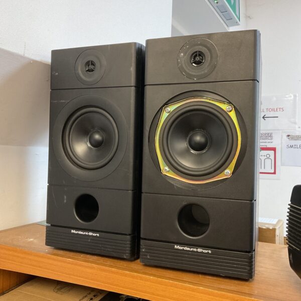 Vintage Mordaunt Short MS 3.20 bookshelf speakers in dark woodgrain.