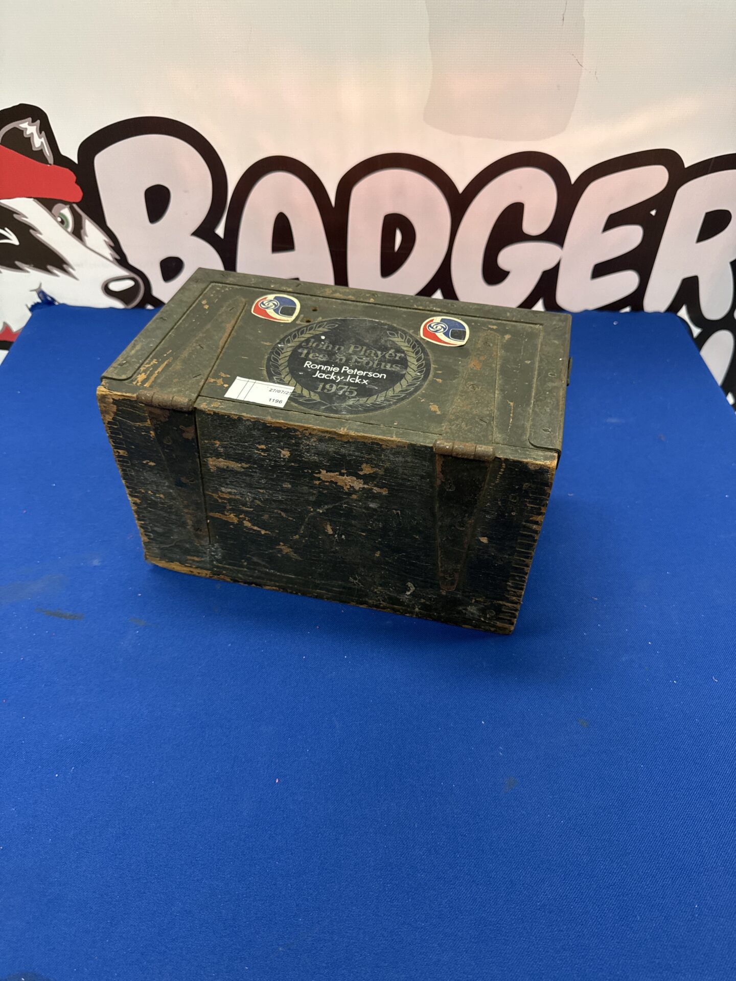 924 Vintage wooden box with John player team lotus stickers