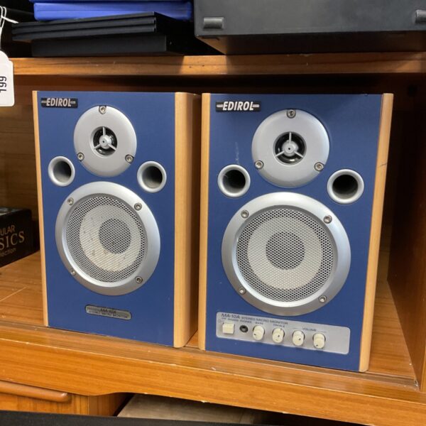 Pair of Edirol MA-10A active studio monitor speakers in blue.