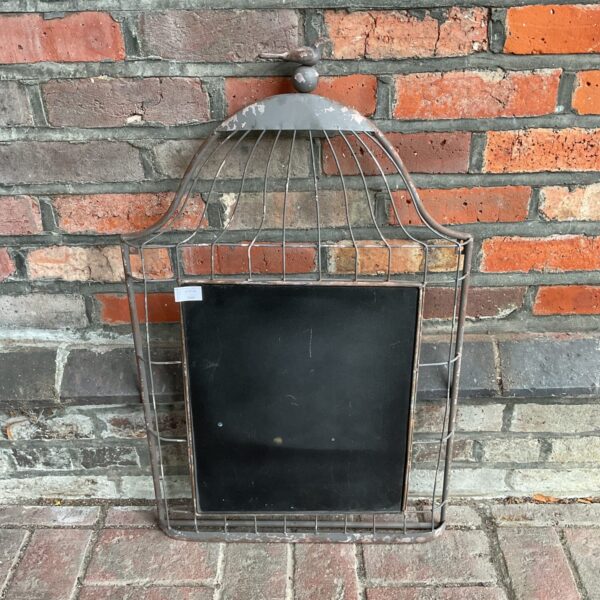 Vintage metal birdcage chalkboard for wall decor.