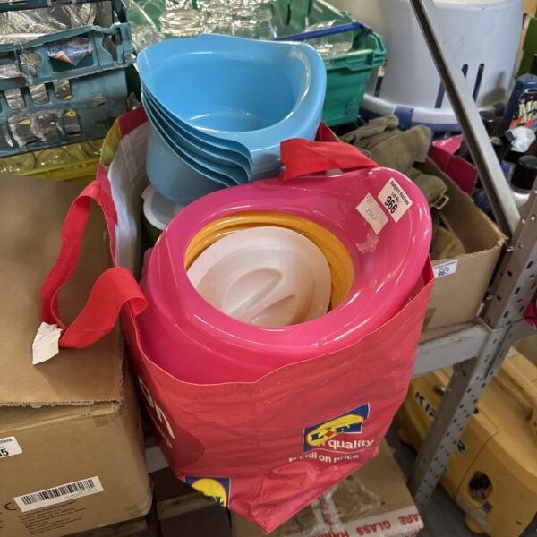 Bag of new children’s toilet trainers for potty training.