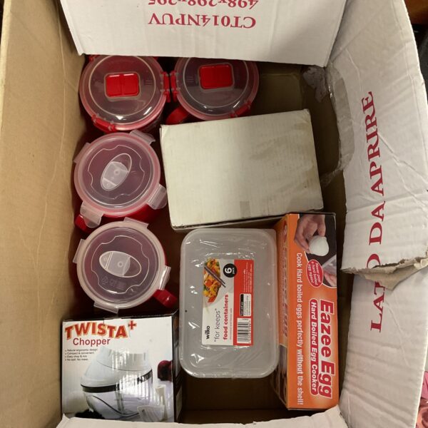 Mixed kitchenware lot including food containers and egg cooker.