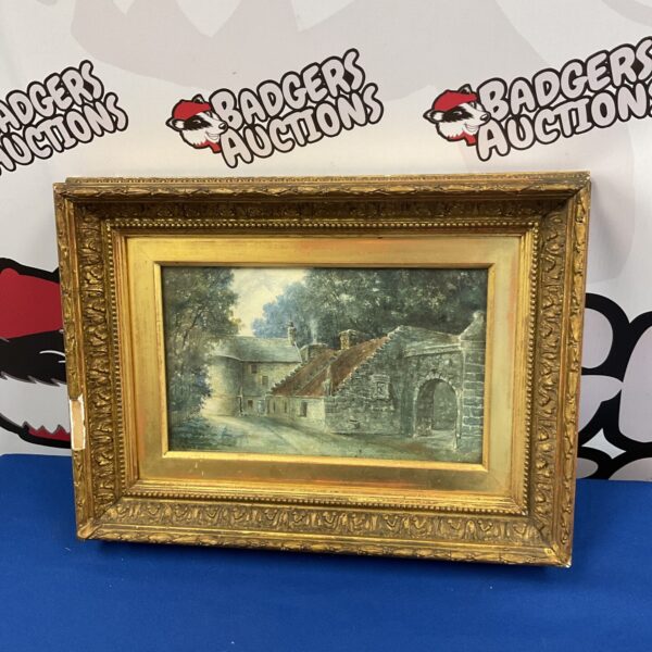 Antique 19th-century watercolour painting of a castle gatehouse with gilt frame.