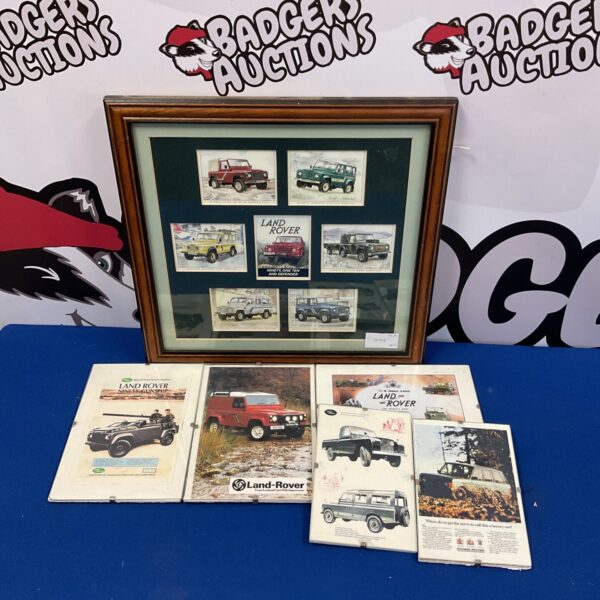 Framed set of vintage Land Rover collectors cards and advertising prints.