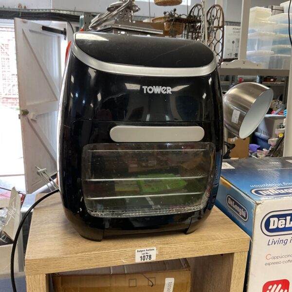 Black Tower air fryer oven, countertop kitchen appliance.