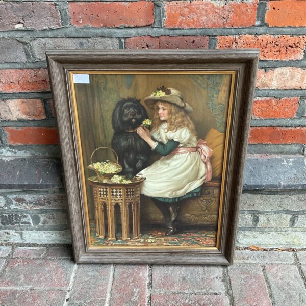 Victorian print by Charles Trevor Garland of a girl with her dog.
