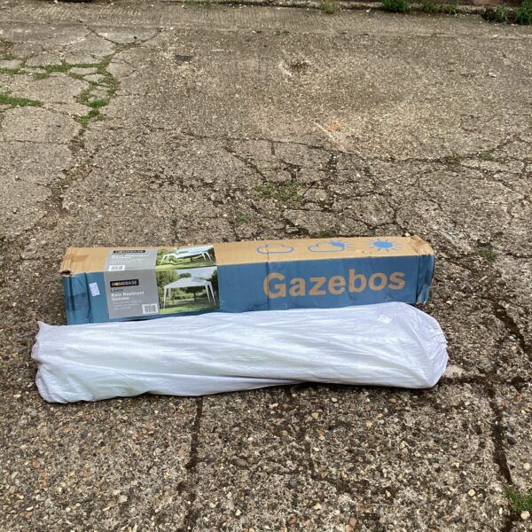 Packaged garden gazebo, 3m x 4m, ready for assembly.