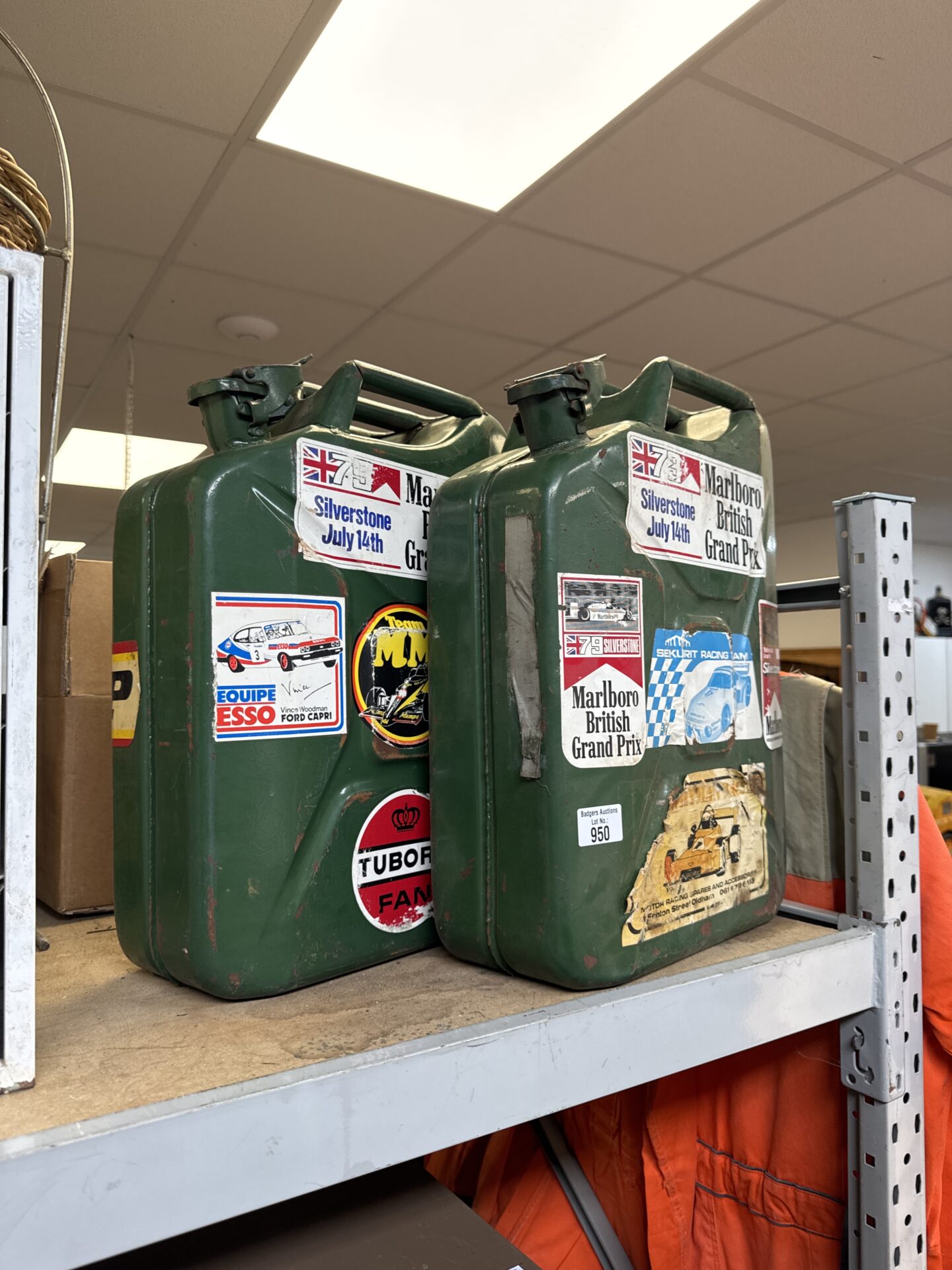 950 Two Jerry cans with motoring stickers