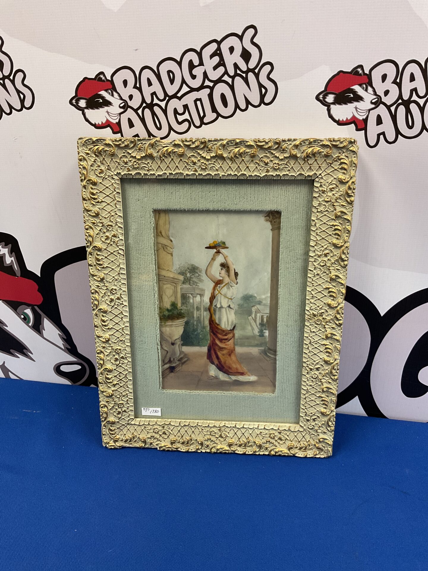 674 Antique framed painting on glass of a greek maiden