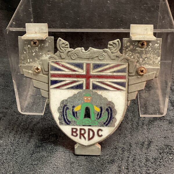 Vintage BRDC enamel car badge with Union Jack design.