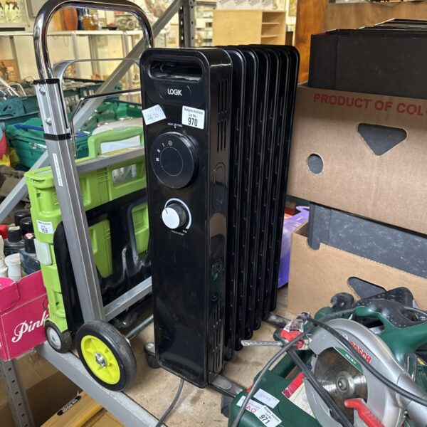 Logik oil filled radiator on a trolley, portable electric heater.