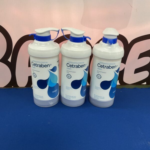Three bottles of Cetraben dermatological cream for sensitive skin.