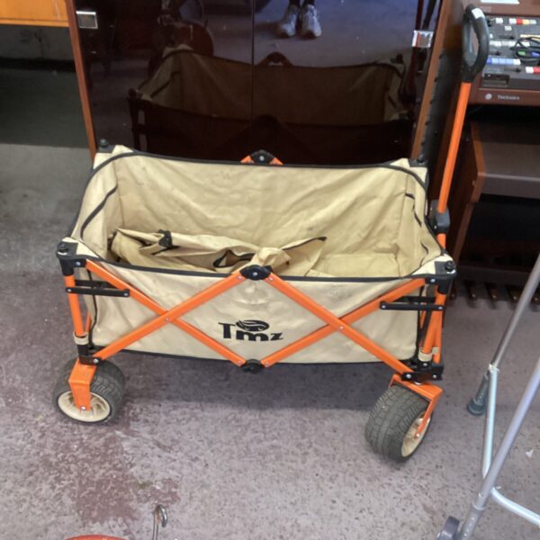 TMZ folding garden cart with fabric liner and wheels.