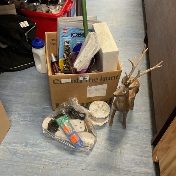 Mixed lot of decorative items including deer sculpture and Crown China.