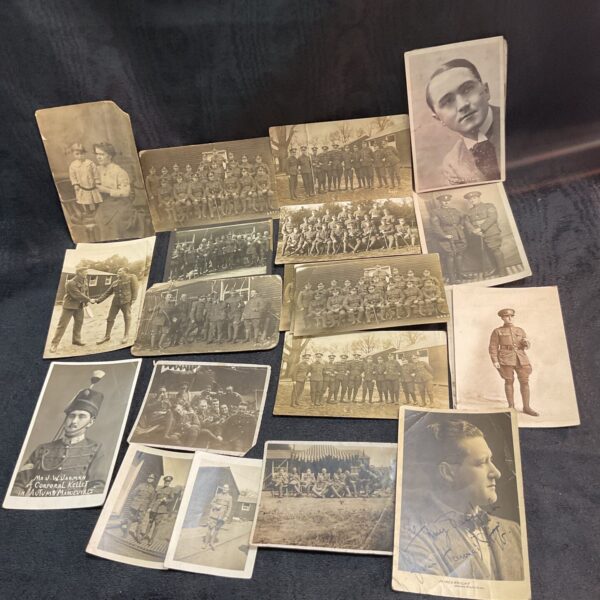 Vintage WWI military postcards depicting soldiers and scenes.