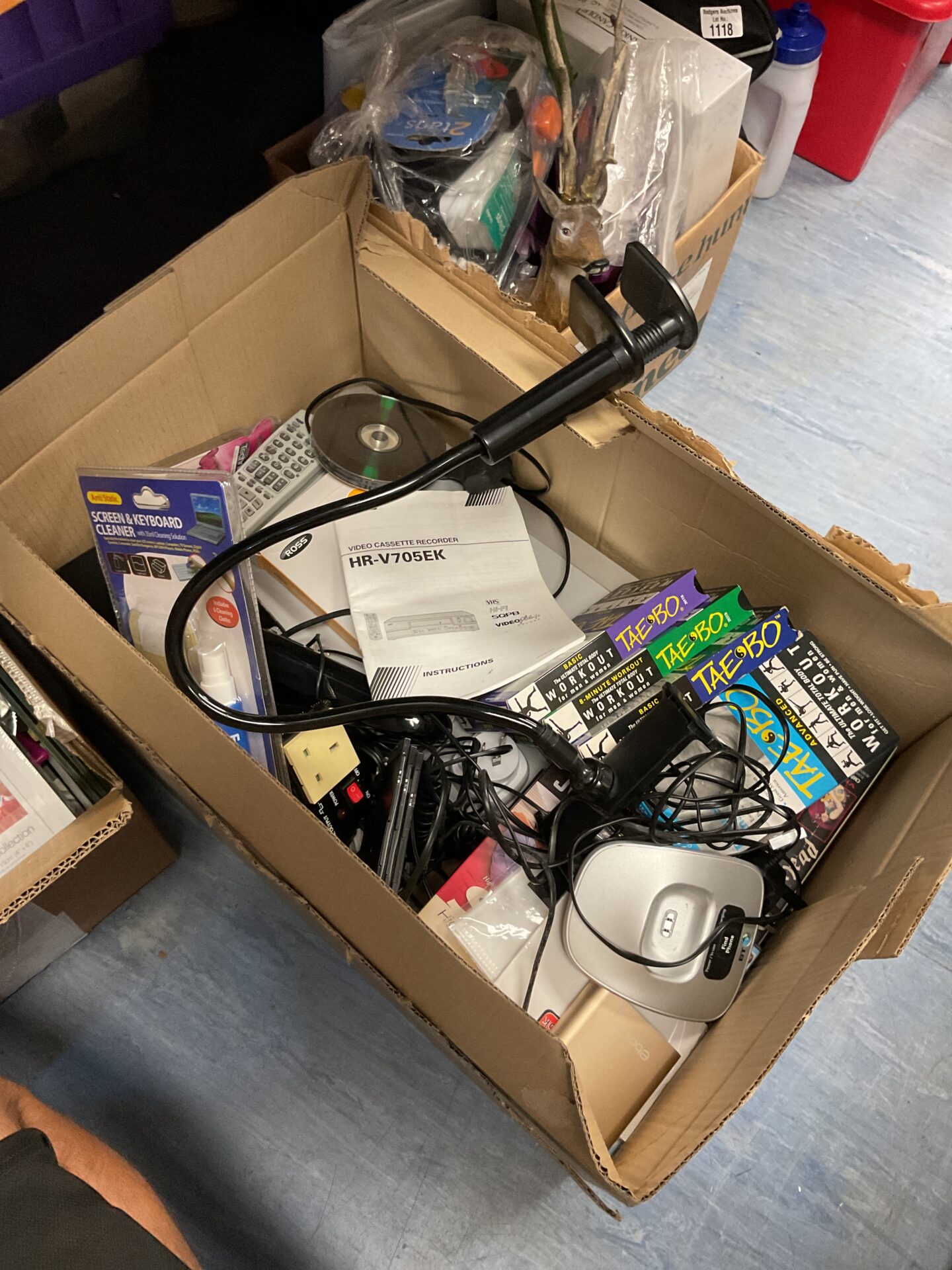 474 Large box of mixed electricals inc jvc hifi system, cds, cassettes and headphones