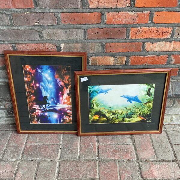 Pair of Chris Camels fantasy prints in dark wood frames.
