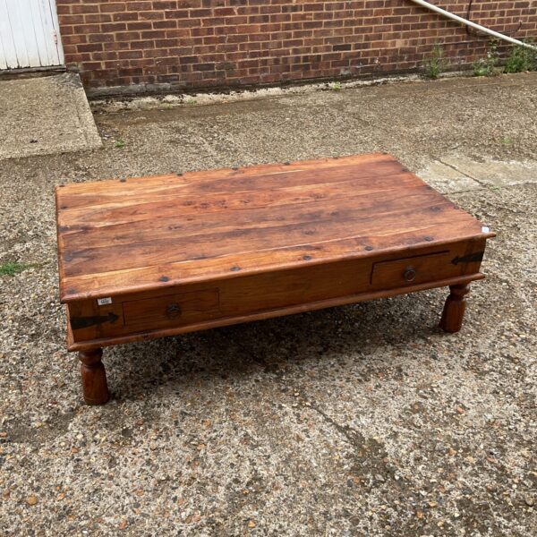Rustic Indian oak coffee table with drawers for living room.