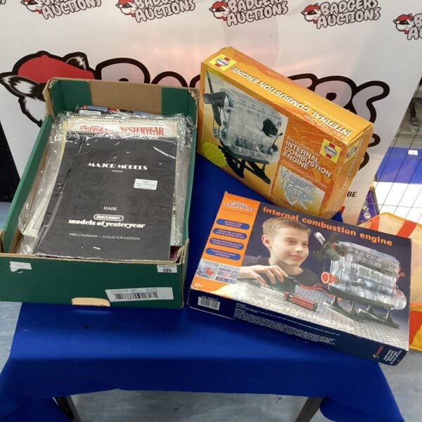 Matchbox calendars and internal combustion engine kits in original packaging.