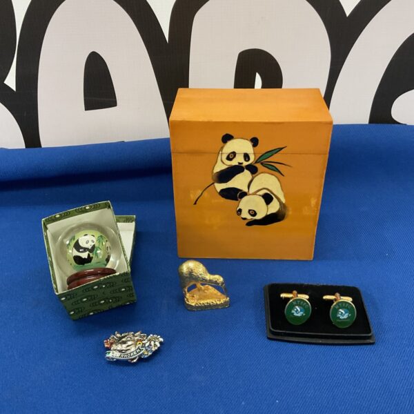 Vintage kiwi bird cufflinks, ornament, and painted box collection.