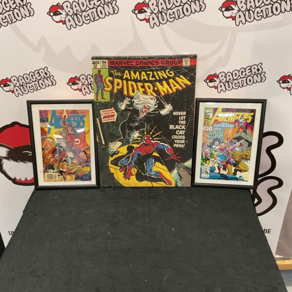 Framed vintage Avengers prints, classic Marvel superhero art.