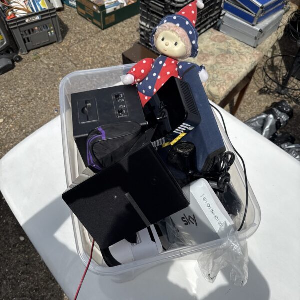 Mixed lot of vintage doll, Sky box and electrical items.