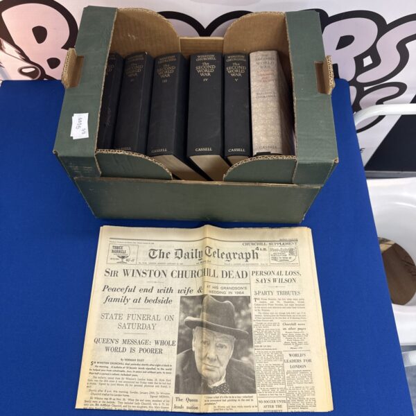 Winston Churchill Second World War books with 1965 Daily Telegraph.