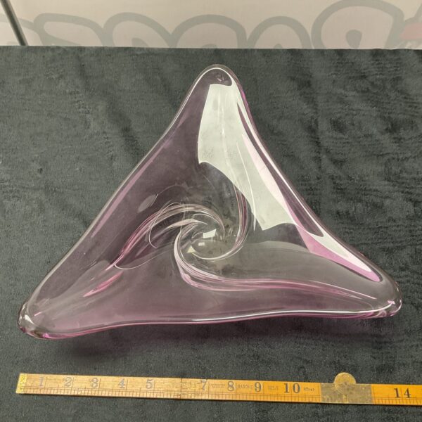 Purple swirl pattern on a vintage tricorn glass dish.