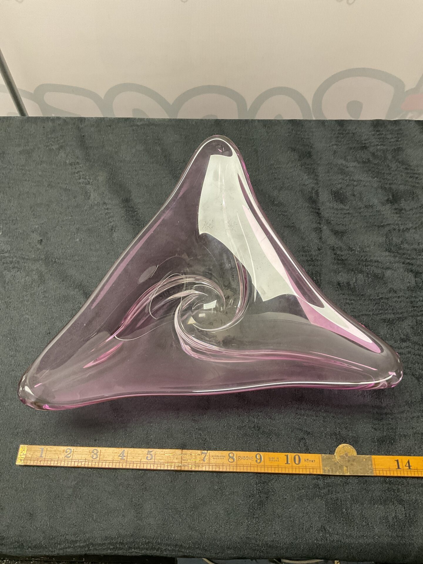 881 Large Tricorn glass swirl dish signed on base