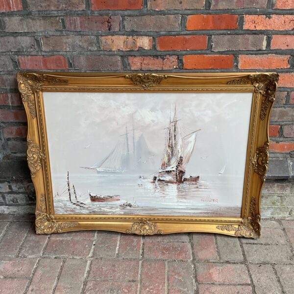 Large vintage B Wilder oil painting of sailboats at sea.